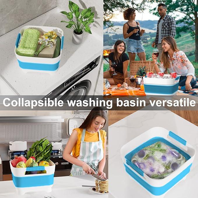 2.4 Gal Collapsbile Wash Basin with Drian Plug,9L Dish Pan for Soaking Baby Bottles,Portable Sink, Multiuse Foldable Bucket,Ice Beverage Tubs for Camping, Vegetable Washing, RV (Blue)