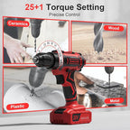 Cordless Drill Set, 20V Power Drill with Power Pack 2.0Ah and Charger, 3/8-Inch Keyless Chuck Electricdrill, 25+1 Torque, 42pcs Drilldriver Bits/Screws for DIY Projects (Red)