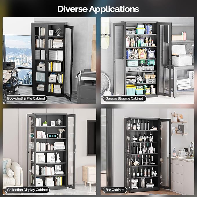 VINGLI Lockable Display Cabinet with Glass Doors & 5 Adjustable Shelves, 71" Tall Black Metal Storage Cabinet Curio Liquor, Bookshelf Bookcase for Home Office Living Room Pantry Garage