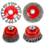 Wire Wheel Brush Set for 4-1/2" Angle Grinders, 3 & 4 Inch, 5/8-11 Thread, Knotted & Crimped Wire, 4-Pack,for Removing Rust, Paint,Corrosion, Burrs, Scales