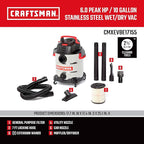 Craftsman CMXEVBE17155 10 Gallon 6.0 Peak HP Stainless Steel Wet Dry Vac, Portable Shop Vacuum Wet and Dry with Filter, Muffler/Diffuser, Hose and Attachments for Home and Garage Use