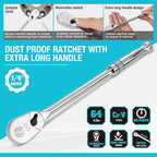 DURATECH Extra Long Handle 1/4-Inch Drive Ratchet, 90-Tooth Ratchet Wrench with 8" Handle and Dust Proof Teardrop Enclosed Head, Reversible, CR-V Steel Made, CR-MO Head, Full Polished, Gifts for Men