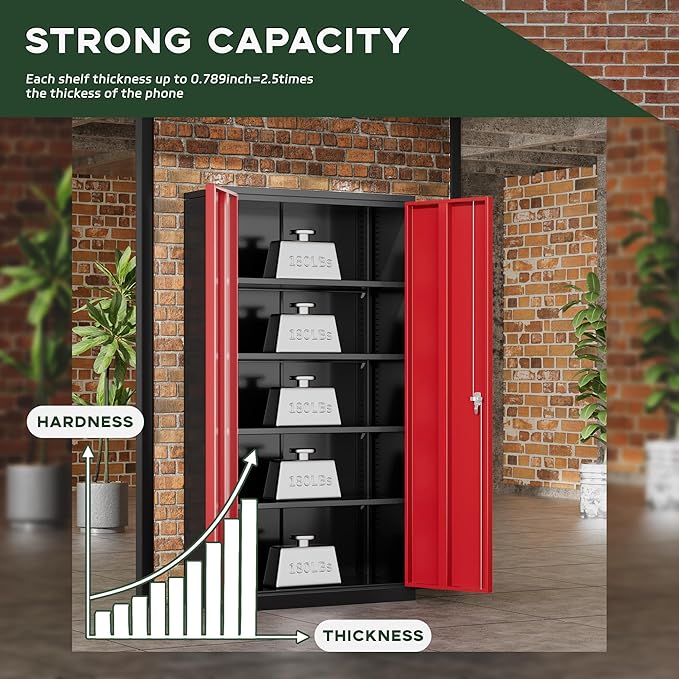 Greenvelly Metal Garage Storage Cabinet, 72" Black Red Tool Steel Locking Cabinets with Doors and 4 Shelves, Tall Cabinets for Garage Storage Systems Lockable File Cabinet for Home Office,Garage