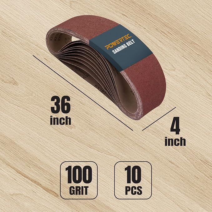 POWERTEC 10PK 4x36 Sanding Belts, 100 Grit Aluminum Oxide, 4 x 36 Inch Sanding Belts for Benchtop Belt and Disc Sander, Belt Sandpaper for Woodworking, Metalworking, Paint, Rust Removal (110130)