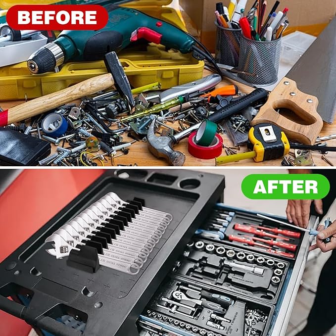 90 pcs Magnetic Modular Wrench Organizers for Tool Drawers, Black Tool Organizers- Wrench Rack with Metric & SAE Labels, Customizable Magnet Tool Storage Holder Festival for Mechanics