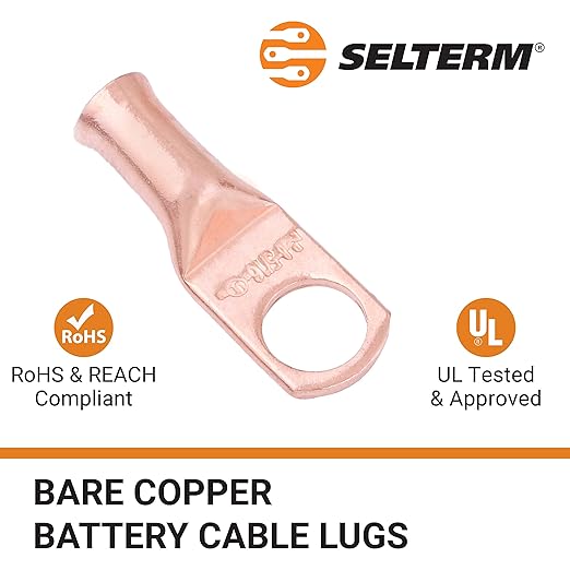 SELTERM 2pcs 8 AWG 5/16" Stud Copper Wire Lugs, Battery Lugs, Ring Terminals, Battery Cable Ends, 8 Gauge Ring Terminal Connectors, UL Heavy Duty Bare Copper Eyelets Battery Terminal Connectors