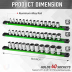 ALOANES 3-Piece Magnetic Socket Organizer, Heavy Duty Aluminum Rails With 360 Swivel Clips, Holder Kit for Tool Box, 1/2, 3/8, 1/4-Inch x 40 Clips (Green)