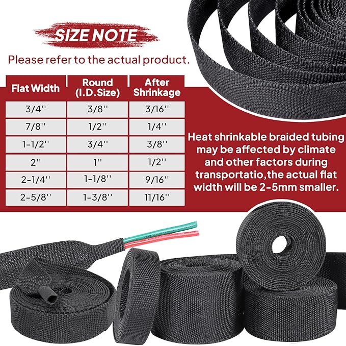 Heat Shrink Wire Loom 2:1 Shrinkable Braided Cable Sleeve 1-1/8 Inch ID-46ft Abrasion Protection Flexibility Fabric Wiring Harness Cover Sheath