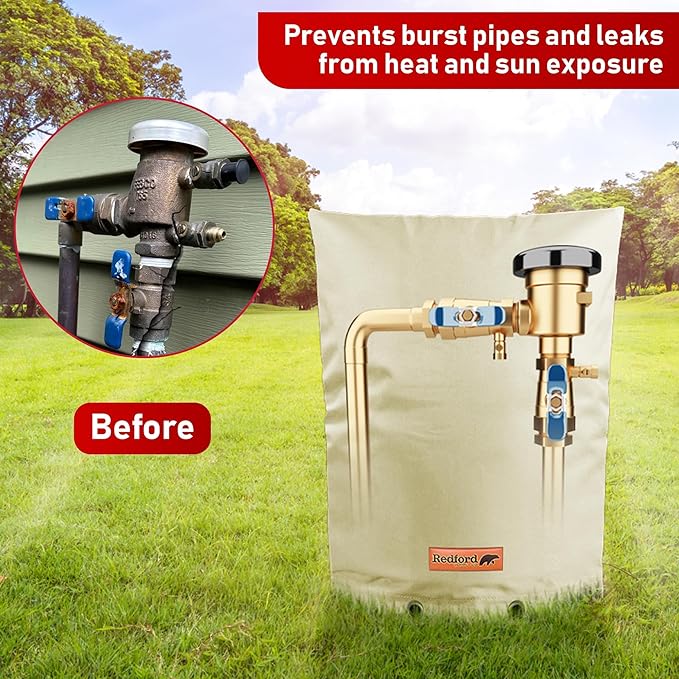 Redford Supply Co. Cold Snap (5°F) Backflow Preventer Insulation Cover, 24"W x 36"H, Pipe Insulation, Water Sprinkler Covers for Outside, Sprinkler Backflow Cover for Winter, Well Pump Bag (Beige)