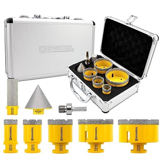 HIGHDRIL Diamond Drill Bits Kit with 5/8-11 for Porcelain Porcelain Tile Ceramic Marble Brick Concrete Vacuum Brazed Hole Saw (25/35/45/65/75mm+20mm Finger Bits+50mm Beveling Chamfer Bit)