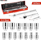 MAXPOWER 1/2" Drive Socket Wrench Set, 16-Piece, Including 13-Piece SAE Sockets, 1/2" Drive Breaker Bar, 1/2" Ratchet Wrench and Extension Bar