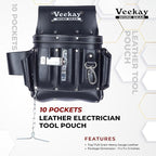 VEEKAY Electrician's Leather Tool Pouch – 10 Pocket Full Grain Leather Organizer for Electricians, Carpenters & Construction Workers – Durable, Heavy-Duty Utility Pouch (Brown/Black)