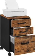 VASAGLE File Cabinet, 3 Drawers Filing Cabinet for Home Office, with Wheels, for A4, Letter Sized Documents, Hanging File Folders, Rustic Brown and Ink Black UOFC065B01