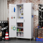 Metal Garage Storage Cabinet with Wheels,71" H Rolling Tool Cabinet with Pegboard,Hooks and 1 Drawer for Garage Warehouse Home, Assembly Required,White