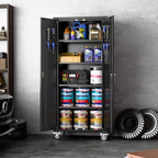 Metal Storage Cabinets with Wheels, 72" Steel Lockable Storage Cabinet with Adjustable Shelves Pegboards and Hooks for Office School Garage Warehouse Utility Room, Assembly Require, Black