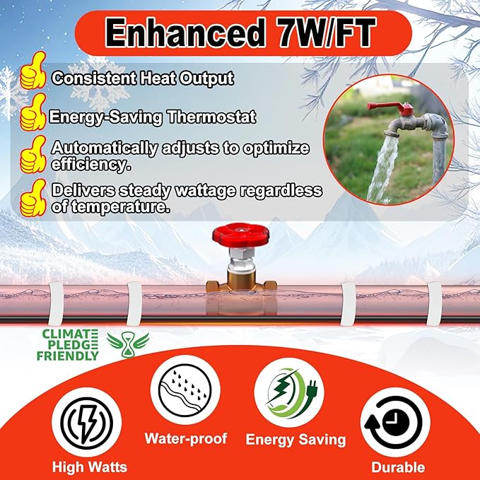 HEATIT Heat Tape for Water Pipes Heating Cable with Thermostat for Metal And Plastic Home Pipe, Electric Pipe Heating Trace System 7 Feet