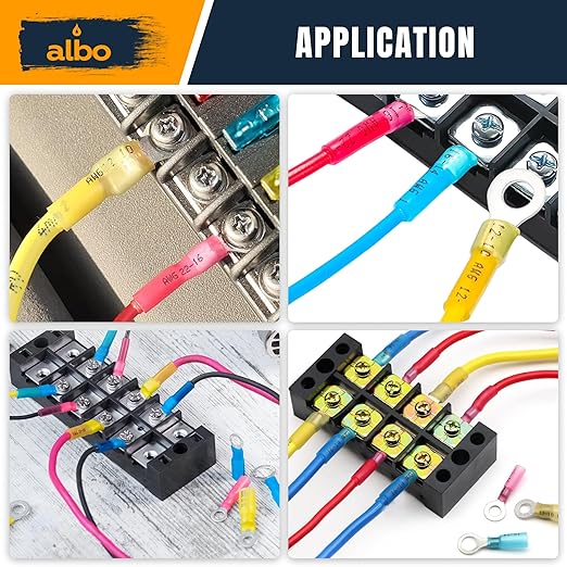 250PCS Red Heat Shrink Ring Terminal Kit – 22-16 AWG Wire Terminal Connectors Assortment, 6 Sizes (#8, #10, 1/4", 5/16", 3/8", 1/2") – Waterproof Tinned Copper Electrical Ring Connectors