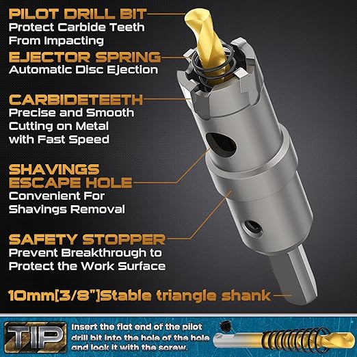 DAIMIT Hole Saw for Metal - Tungsten Carbide Tipped 3/4" Inch(19mm) Hole Cutter with Pilot Drill Bits for Stainless Steel, Iron, Copper, Brass - Heave Duty Hole Saw for High Precision Cutting