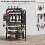 JUNNUJ Power Tool Organizer Floor Stand with Charging Station, Garage Adjustable Storage Rack Utility Tool Shelf with 8 Outlet 10 FT Power Strip, Heavy Duty Drill and Battery Holder