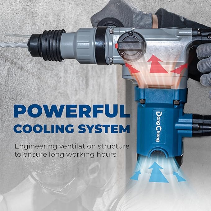 Dong Cheng 1-1/8 Inch SDS-Plus Rotary Hammer Drill with Safety Clutch, 9.2 Amp Heavy Duty Corded Demolition Hammer for Concrete, 3.6 Joules, Including 3 Drill Bits, Flat Chisels and Point Chisels