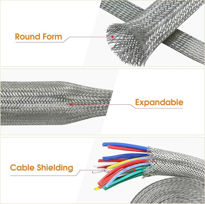 Tinned Copper Wire Shielding Sleeve, Expandable Ground Strap Wiring Braided Sleeving Metal Mesh Sheathing Cabling Wiring Protector (5/8inch - 12ft)