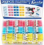 260PCS Heat Shrink Ring Terminals, Sopoby Marine Grade Ring Connectors Tinned Red Copper 16-14 22-18 12-10 Gauge(3 Colors/4 Sizes), #10,1/4",5/16",3/8" Insulated Ring Crimp Terminals