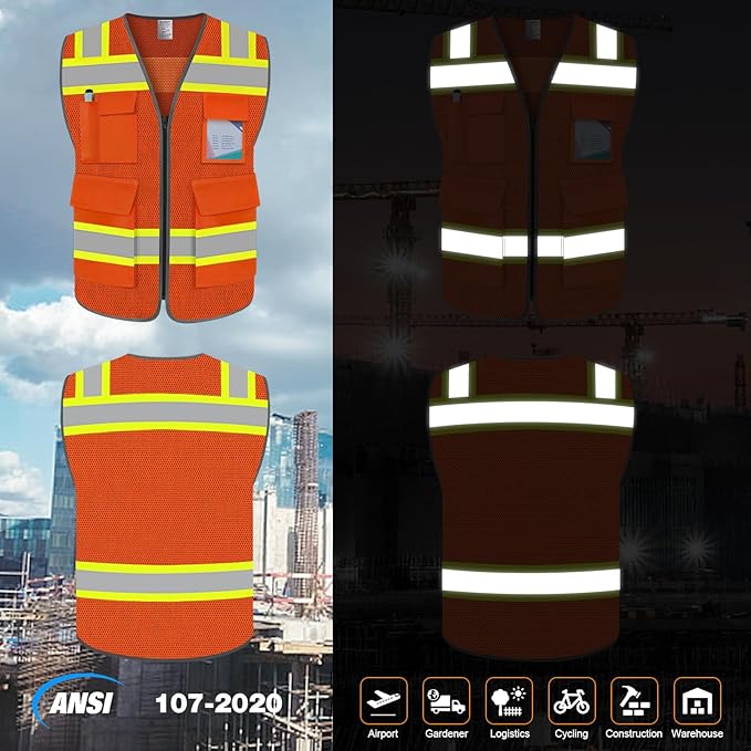 TCCFCCT Reflective Safety Vest 5 Pockets Mesh High Visibility Vest for Men Women, Hi Vis Construction Work Vest with Fluorescent Orange Edge, Reinforced Sewing, Meet ANSI/ISEA, DW-Orange, S