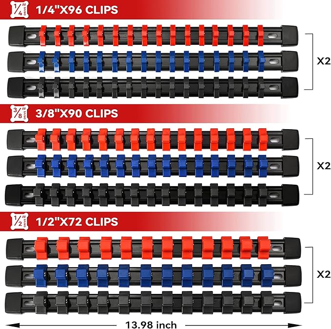ALOANES 18 PC ABS Socket Organizer,1/2 inch, 3/8 inch, and 1/4 inch Drive Socket Rail Holders, Heavy Duty Socket Racks, Black Rails with Red Blue Black Clips
