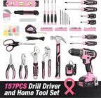 WORKPRO Pink Household Tool Kit with Drill, 157PCS Tool Set with 20V Cordless Lithium-ion Drill Driver, Home Tool Kit for All Purpose, Power Drill Sets with Pink Tool Bag - Pink Ribbon