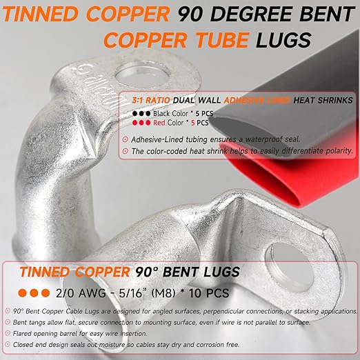 Tinned Copper Cable Lugs 10pcs 2/0 AWG-5/16 90 Degree Bent Battery Lugs,Heavy Duty Wire Lugs,Ring Terminal,00 Guage terminals,Battery Cable Ends/Terminal Connectors with 10pcs 3:1 Heat Shrink Tubing