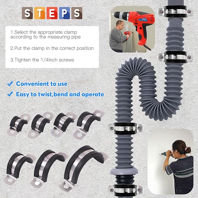 Glarks 16Pcs 32MM 2 Hole U-Tube Strap Clamp Set 304 Stainless Steel Rubber Cushion Rigid Pipe Strap U Bracket Tube Strap Assortment Kit For Pipe Tube Fixing (32mm)