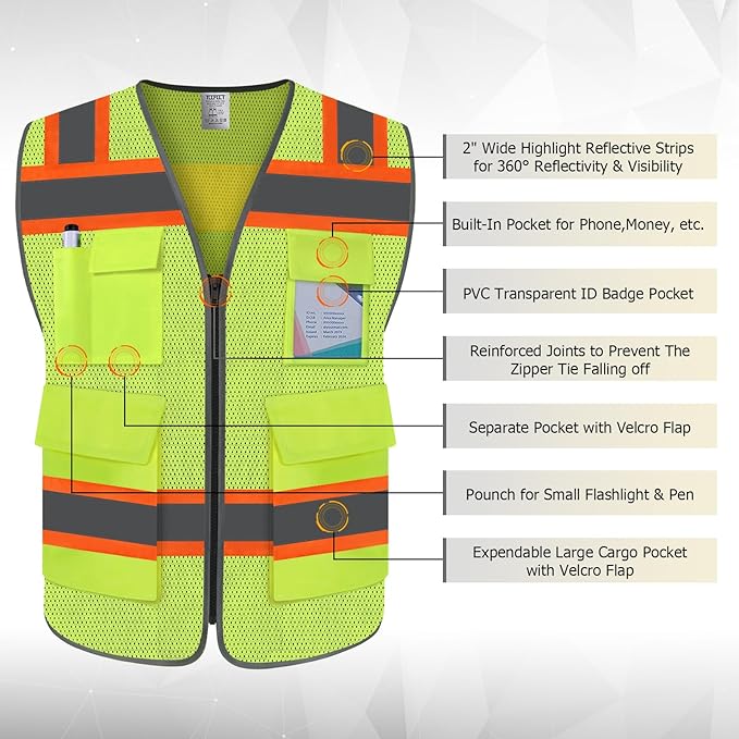 TCCFCCT High Visibility Vest 5 Pockets Mesh Reflective Safety Vest for Men Women, Hi Vis Work Vest with Reinforced Zipper and Fluorescent Orange Edge, Durable to Use, Meets ANSI/ISEA, DW-Yellow, M
