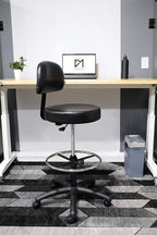 Chair Master Round Vinyl Chair/Stool-Black-for Garage, Counters, Shop, Kitchen, Computer Desks, Drafting Tables. EASY to CLEAN! (Soft Non-Marking Casters, Tall Bench/Drafting 24"-34")