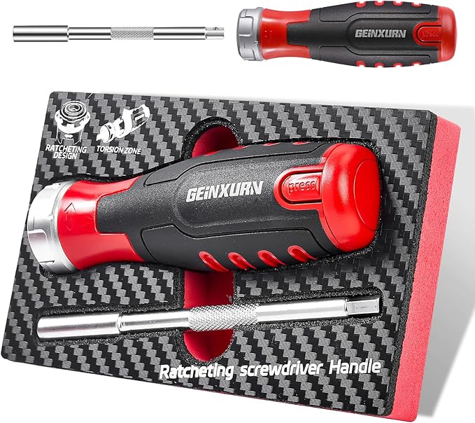 Ratcheting Screwdriver with Bit Storage Multi-bit Magnetic 1/4” Hex Shaft Screwdriver Handle for Phillips Flat Square Hex Screw Driver Repair Tool