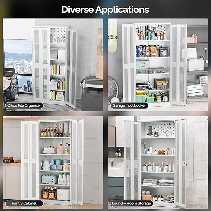 VINGLI Metal Garage Storage Cabinet with 2 Mesh Doors, Locking Steel Display Cabinet with Pegboards and 4 Adjustable Shelves, Ideal for Garage, Office, Pantry, Workshop(Gray, 32''W x 16''D x 71''H)