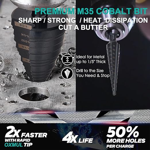 M35 Step Drill Bits for Metal, 1/8" to 1/2", Cobalt Bit, Heavy Duty for Stainless Steel,Hard Steel, Aluminum, Copper, Wood, 13-Steps, Z18-205
