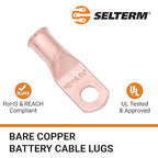 SELTERM 10pcs 4 AWG - 1/4" Stud - Battery Lugs, Heavy Duty Wire Lugs, Ring Terminals, Battery Cable Ends,4 Guage Terminals, UL Bare Copper Eyelets Electrical Battery Terminal Connectors