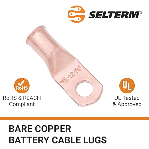 SELTERM 25pcs 4 AWG 1/4" Stud Battery Lugs, Ring Terminals, Heavy Duty Copper Wire Lugs, Battery Cable Ends, 4 Guage Ring Terminal Connectors, UL Bare Copper Eyelets Electrical Battery Cable Lugs