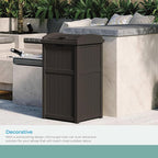 Suncast 33 Gallon Durable Plastic Hideaway Outdoor Garbage Can with Secure Lid and Wicker Design for Home Backyards, Decks, or Patios, Java Brown