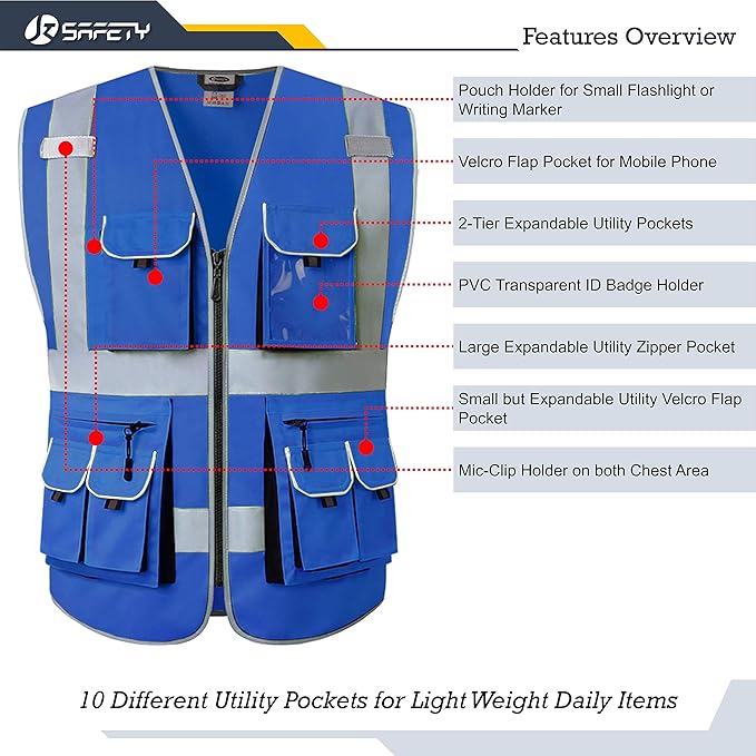 JKSafety 10 Pockets High Visibility Zipper Front Blue Safety Vest with High Reflective Strips Meets ANSI/ISEA Standards (3X-Large, 88-Blue)