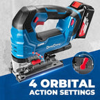 Dong Cheng 20V Brushless Jigsaw, 26mm Stroke, 800-3500 SPM, 0-45° Bevel, 6-Speed, Orbital Action, Dual LED, Dust Blower, with 4Ah Battery, Charger, 6 Blades, Guide Rail & Tool Bag