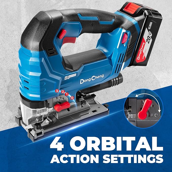 Dong Cheng 20V Brushless Jigsaw, 26mm Stroke, 800-3500 SPM, 0-45° Bevel, 6-Speed, Orbital Action, Dual LED, Dust Blower, with 4Ah Battery, Charger, 6 Blades, Guide Rail & Tool Bag