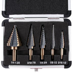 Zhushan 5pcs Step Drill Bit Set,High Speed Step Drill Bit, HSS Cobalt Multiple Hole 50 Sizes Titanium Step Drill Bit with Aluminum Case