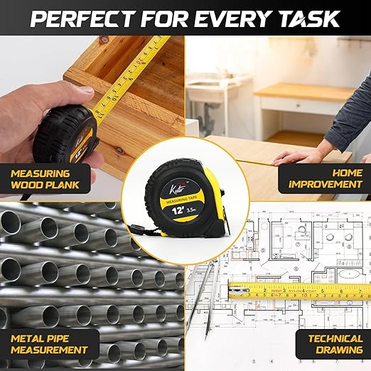12-Ft Tape Measure with Magnetic Hooks, Fraction Markings, Steel Retractable, Both Side Ruler, Easy to Read Measuring Tape, Shock Absorbent Rubber Case