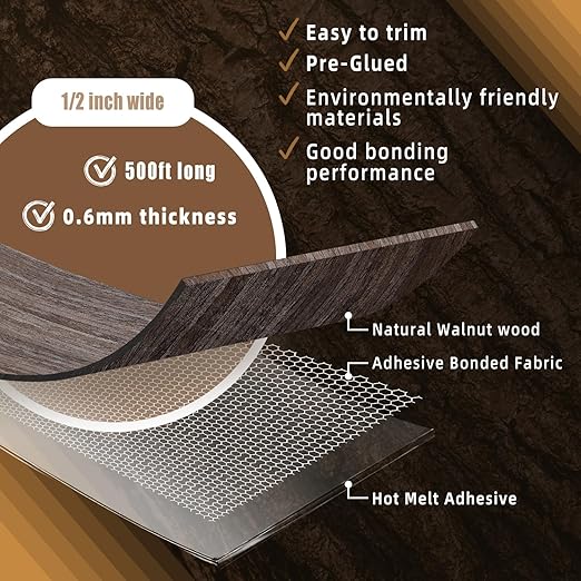 GSCIT Club Walnut Edge Banding, 1/2 inch x 500ft roll of Veneer Edge Banding Pre-glued Flexible, Wood Tape for Cabinet Repair and Furniture