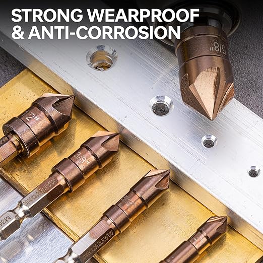 Countersink Drill Bit Set, M35 Cobalt HSS Countersink Drill Bits 6 Pieces 1/4 Inch Quick Change Hex Shank for Metal, Wood, Stainless Steel, Carbon Steel