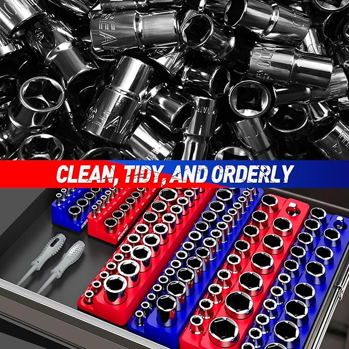 Socket Organizer Magnetic Socket Tray,NOEAIKE 6-Pack SAE & Metric 1/2,3/8,1/4 Inch Drive Socket Holder,Holds 141 Standard/Deep Sockets,Blue and Red Magnetic Socket Organizers(Sockets Not Included)