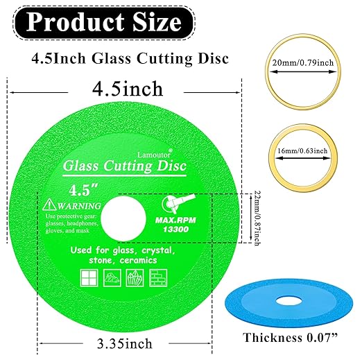 Lamoutor 6Pcs 4.5 Inch Glass Cutting Disc for Angle Grinder, Diamond Saw Blade, Tile Cutter Blade for Cutting Marble Glass Tile Jade Crystal（Green/Blue/Yellow/Black/Red/Orange）
