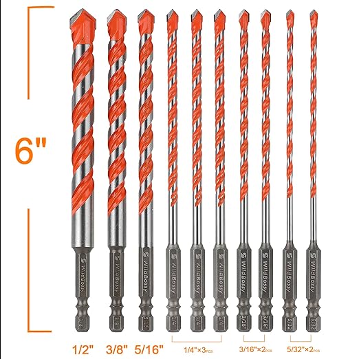 Concrete Carbide Drill Bits Hex Shank Masonry Cement Tile Drill Bit Set for Glass/Brick/Plastic/Cement/Tile 1/4" (10PCS)