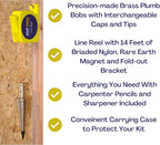 AWF PRO Plumb Bob Kit - 16 oz and 8 oz Solid Brass Plumb Bobs, 14 ft Retractable Line Reel with Magnetic Base, 2 Pencils, Pencil Sharpener, Carrying Case